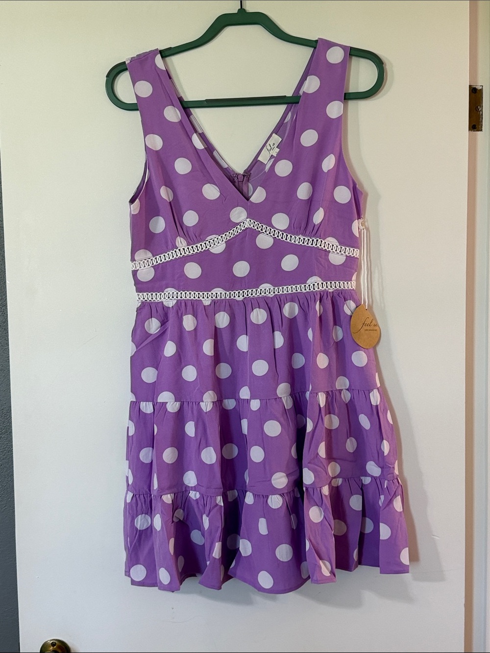 V-Neck Purple Polka Dot Tiered Casual Dress